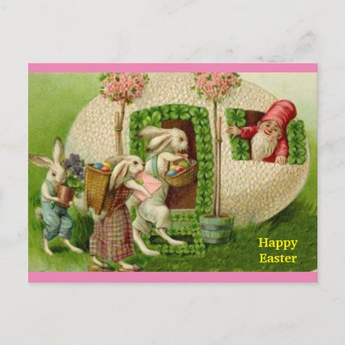 Vintage Easter Bunny and European Gnome copy Postcard