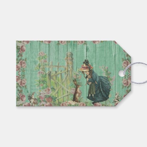 Vintage Easter Bunny and Girl in Rose Garden   Gift Tags