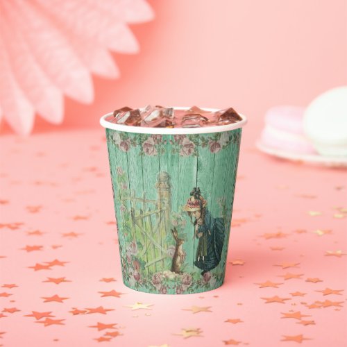 Vintage Easter Bunny and Girl in Rose Garden    Paper Cups