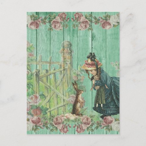 Vintage Easter Bunny and Girl in Rose Garden  Postcard
