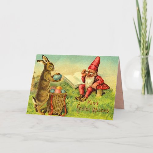 Vintage Easter Bunny and Gnome Holiday Card