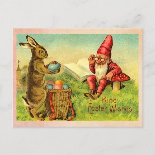 Vintage Easter Bunny and Gnome Holiday Postcard