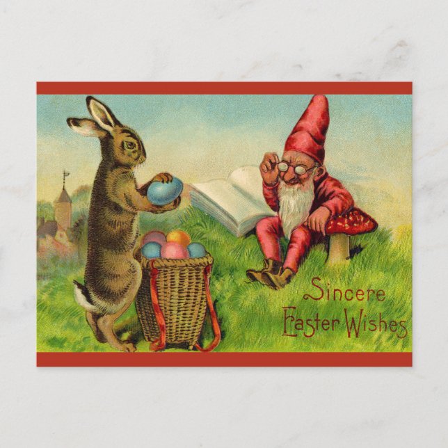 Vintage Easter Bunny and Gnome Postcard (Front)