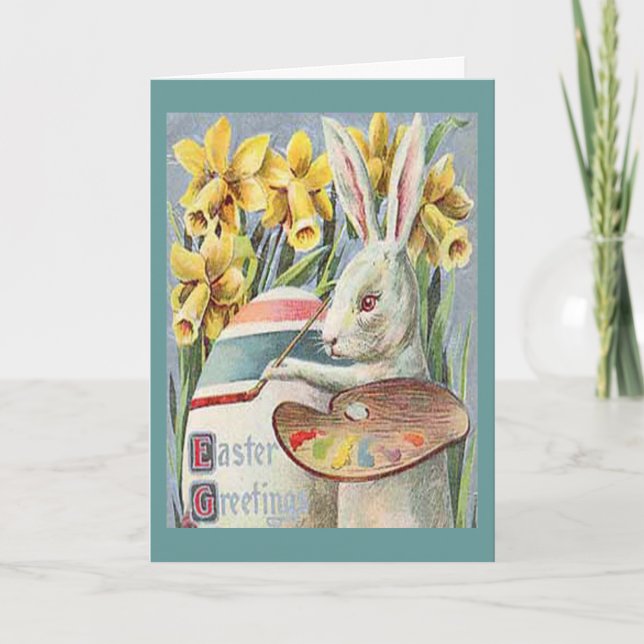 Vintage Easter Bunny Artist Painting an Egg, ZSSG Holiday Card (Front)