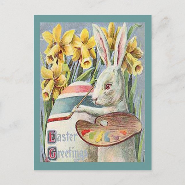 Vintage Easter Bunny Artist Painting an Egg, ZSSG Holiday Postcard (Front)