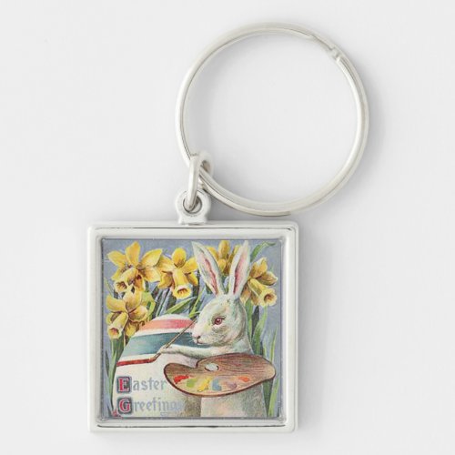 Vintage Easter Bunny Artist Painting an Egg ZSSG Keychain