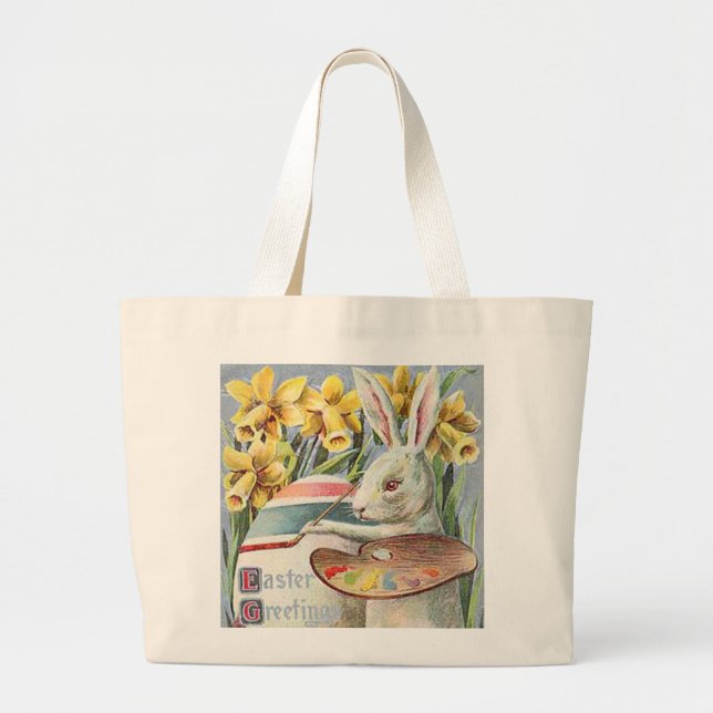 Vintage Easter Bunny Artist Painting an Egg, ZSSG Large Tote Bag (Front)