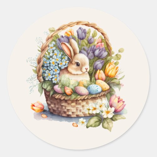 Vintage Easter Bunny Basket Pastel Flowers Classic Round Sticker