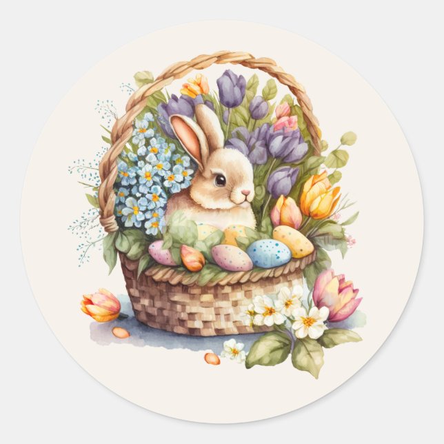 Vintage Easter Bunny Basket Pastel Flowers Classic Round Sticker (Front)