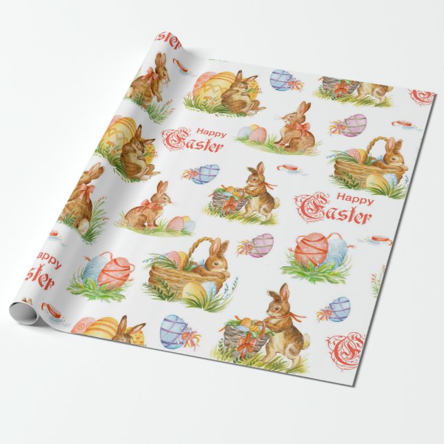Vintage Easter Bunny Baskets Wrapping Paper (Unrolled)