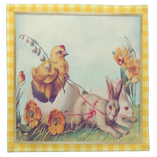 Vintage Easter Bunny  Chick in Buffalo Checks Cloth Napkin