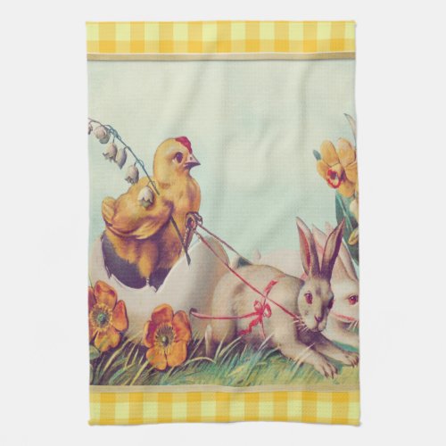 Vintage Easter Bunny  Chick in Buffalo Checks Kitchen Towel