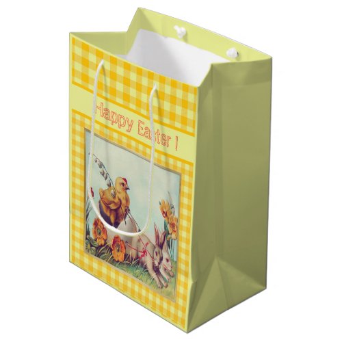 Vintage Easter Bunny  Chick in Buffalo Checks Medium Gift Bag