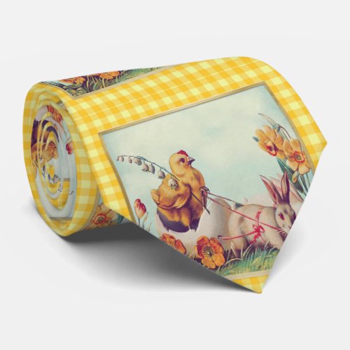 Vintage Easter Bunny  Chick in Buffalo Checks Neck Tie