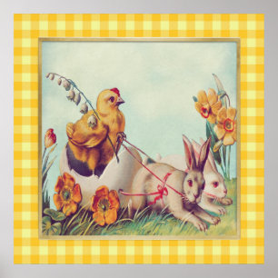 Vintage Easter Bunny & Chick in Buffalo Checks Poster