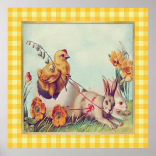 Vintage Easter Bunny & Chick in Buffalo Checks Poster