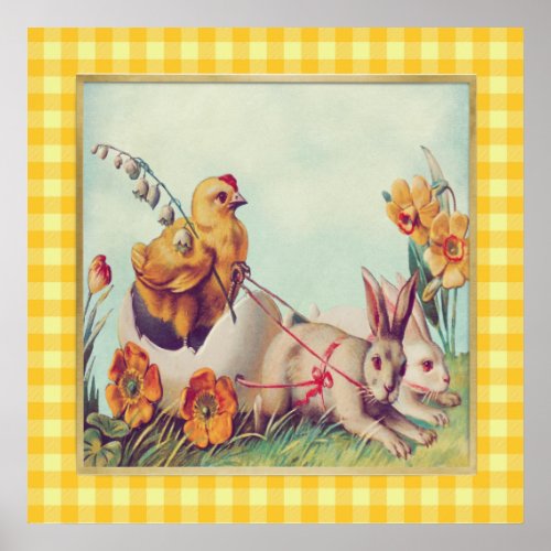 Vintage Easter Bunny  Chick in Buffalo Checks Poster