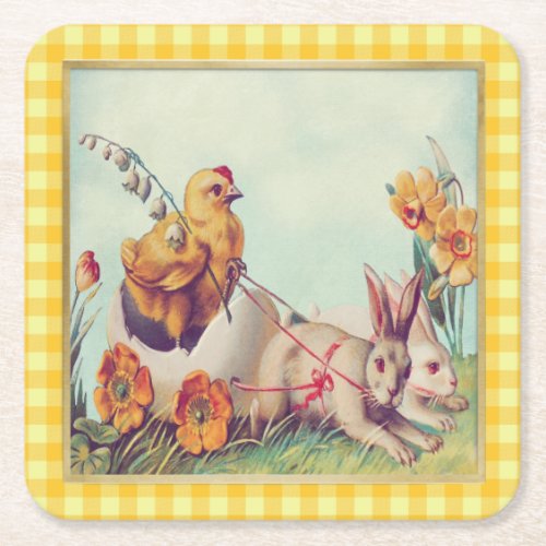 Vintage Easter Bunny  Chick in Buffalo Checks Square Paper Coaster