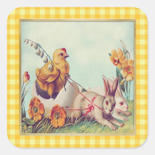 Vintage Easter Bunny  Chick in Buffalo Checks Square Sticker