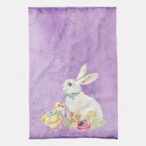 Vintage Easter Bunny Chick Purple Pretty Kitchen Towel