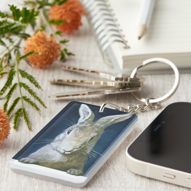 Vintage Easter Bunny, Cute Furry White Rabbit Keychain (Front Right)