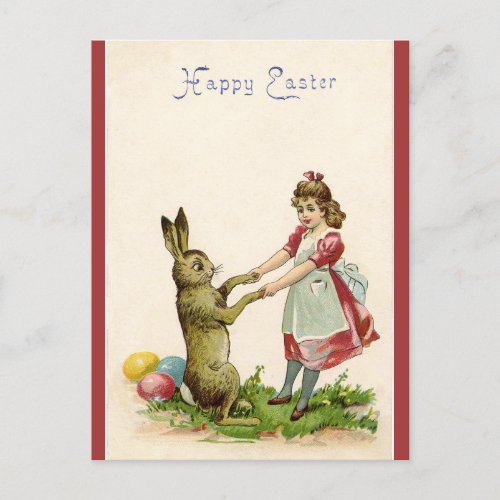 Vintage Easter Bunny Dancing With A Little Girl Postcard