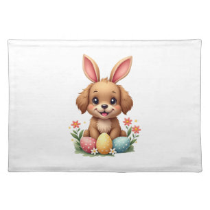 Vintage Easter Bunny Dog Cute Puppy Illustration w Cloth Placemat