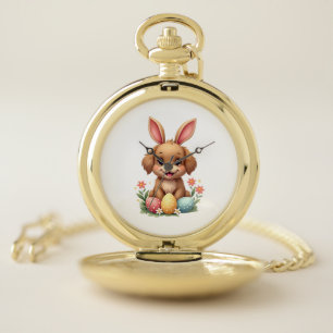 Vintage Easter Bunny Dog Cute Puppy Illustration w Pocket Watch