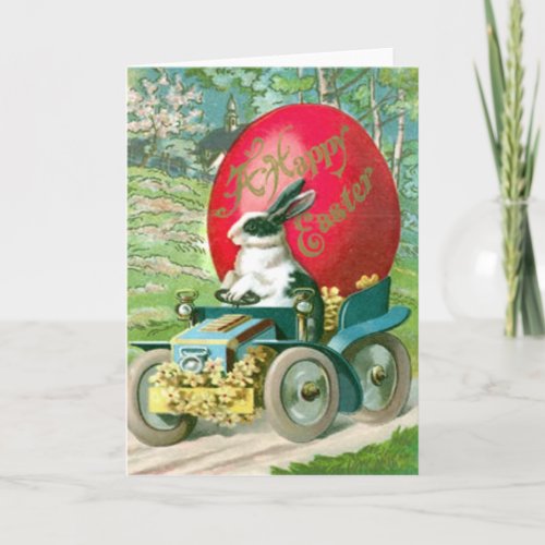 Vintage Easter Bunny Driving Car Easter Egg Card