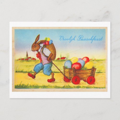 Vintage Easter Bunny Dutch Vroolijk Passchfeest Postcard