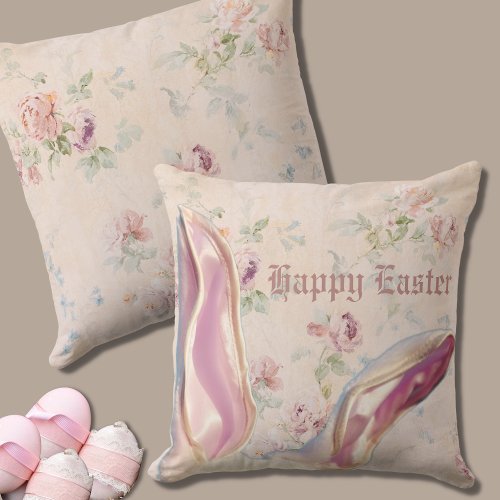 Vintage Easter Bunny Ears with Victorian Floral Throw Pillow