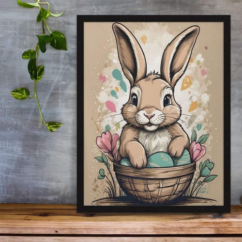 Vintage Easter Bunny Egg Basket Illustration Poster