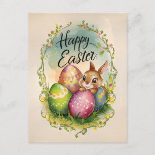 Vintage Easter bunny eggs Holiday Postcard