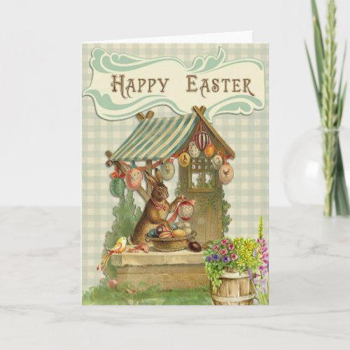 Vintage Easter Bunny Eggs House Holiday Card
