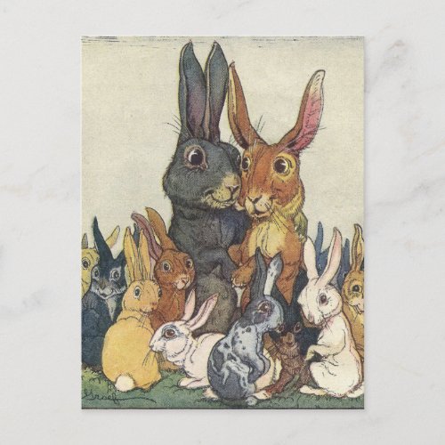 Vintage Easter bunny family Holiday Postcard