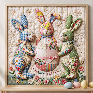 Vintage Easter Bunny Faux Patchwork Quilt Print