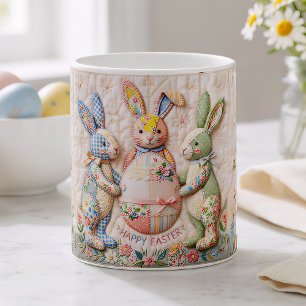 Vintage Easter Bunny Faux Patchwork Quilt Print Coffee Mug