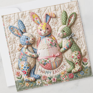 Vintage Easter Bunny Faux Patchwork Quilt Print Holiday Card