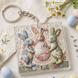 Vintage Easter Bunny Faux Patchwork Quilt Print Keychain