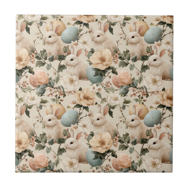 Vintage Easter Bunny Floral (1) Ceramic Tile (Front)