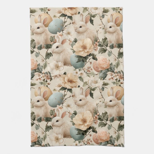 Vintage Easter Bunny Floral (1) Kitchen Towel (Vertical)
