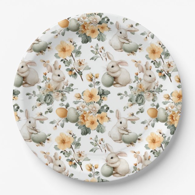 Vintage Easter Bunny Floral (2) Paper Plates (Front)