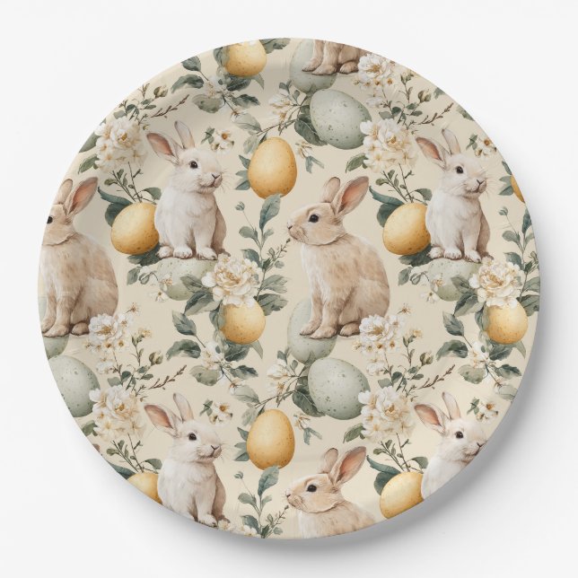 Vintage Easter Bunny Floral (5) Paper Plates (Front)