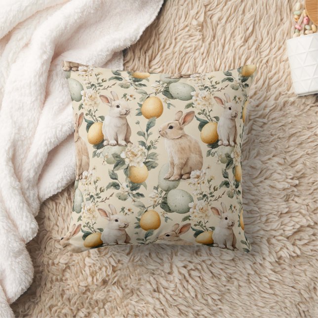 Vintage Easter Bunny Floral (5) Throw Pillow (Blanket)