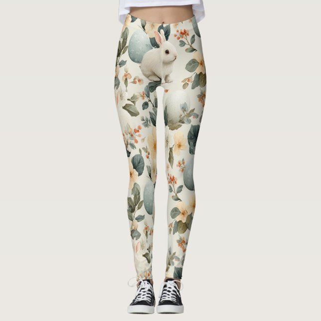Vintage Easter Bunny Floral (6) Leggings (Front)