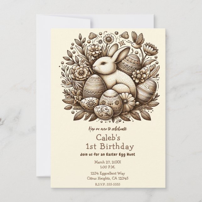 Vintage Easter Bunny Flowers & Eggs 1st Birthday  Invitation (Front)