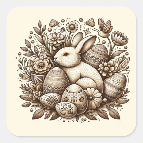 Vintage Easter Bunny Flowers  Eggs 1st Birthday  Square Sticker