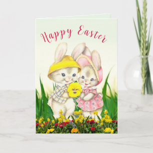 Vintage Easter Bunny Girl Child Folded Holiday  Card
