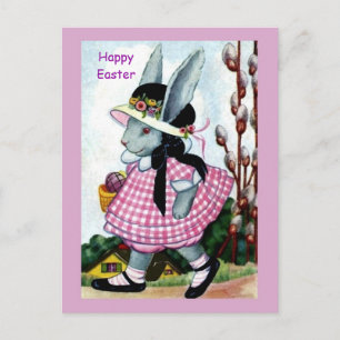 Vintage Easter Bunny Girl in Easter Bonnet & Dress Postcard