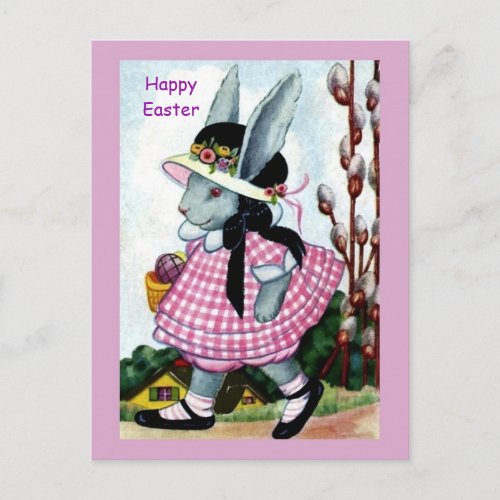Vintage Easter Bunny Girl in Easter Bonnet  Dress Postcard